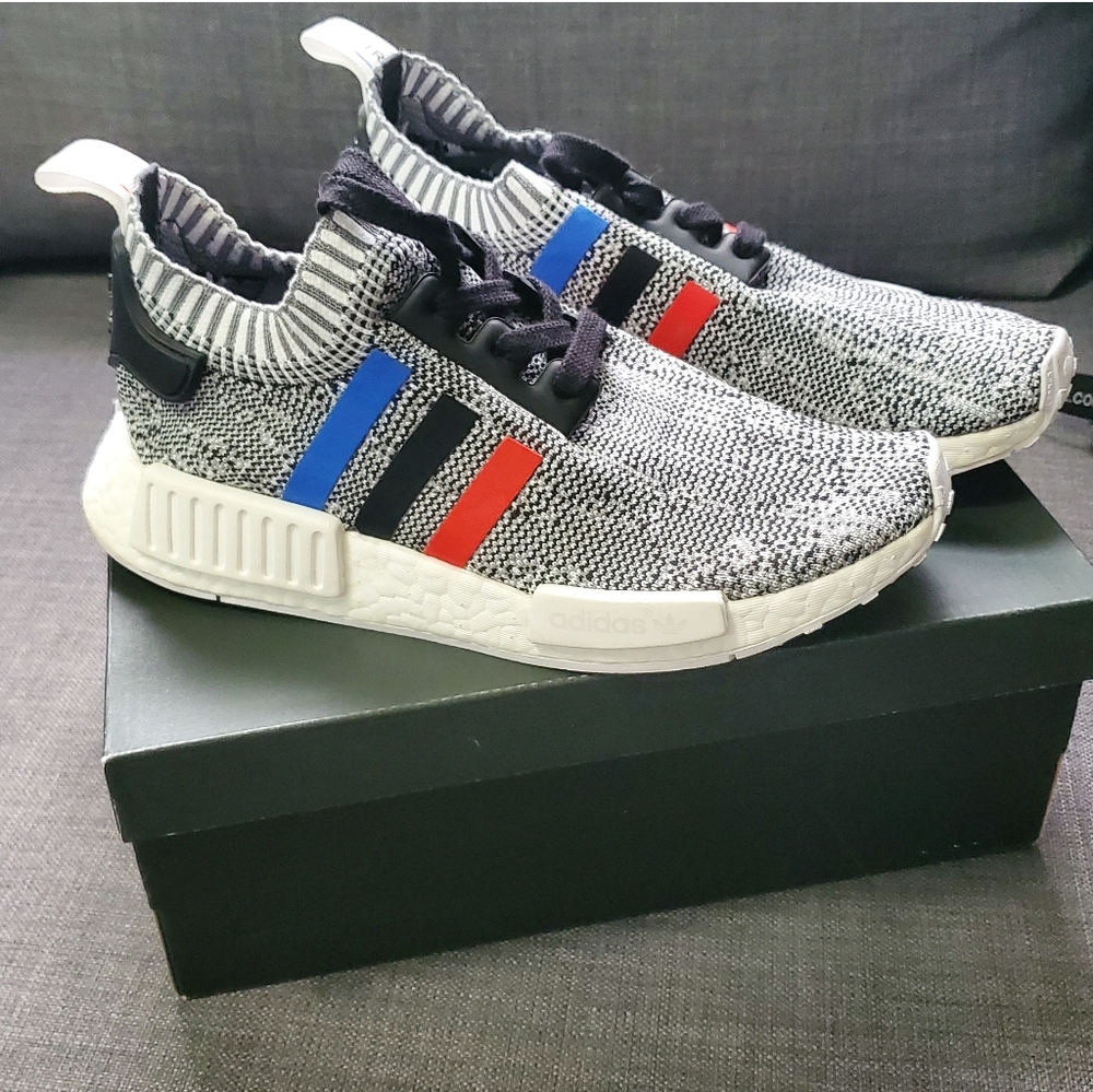 adidas NMD R1 Tri Color Stripes Primeknit, White, Size 5 US, BB2888 